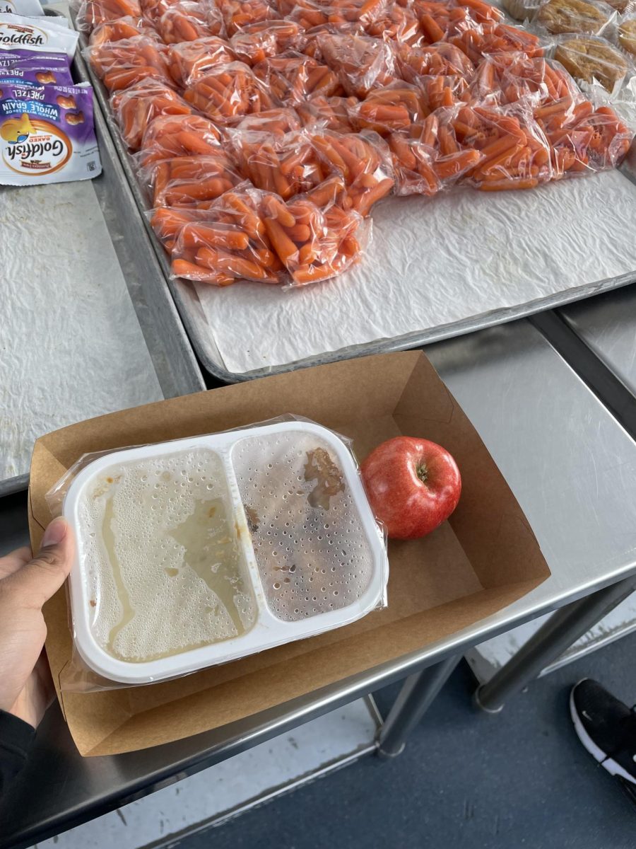 March 5, 2024 the school served chicken nuggets with mashed potatoes.They also served whole grain pretzel goldfish, baby carrots, and fruits.
